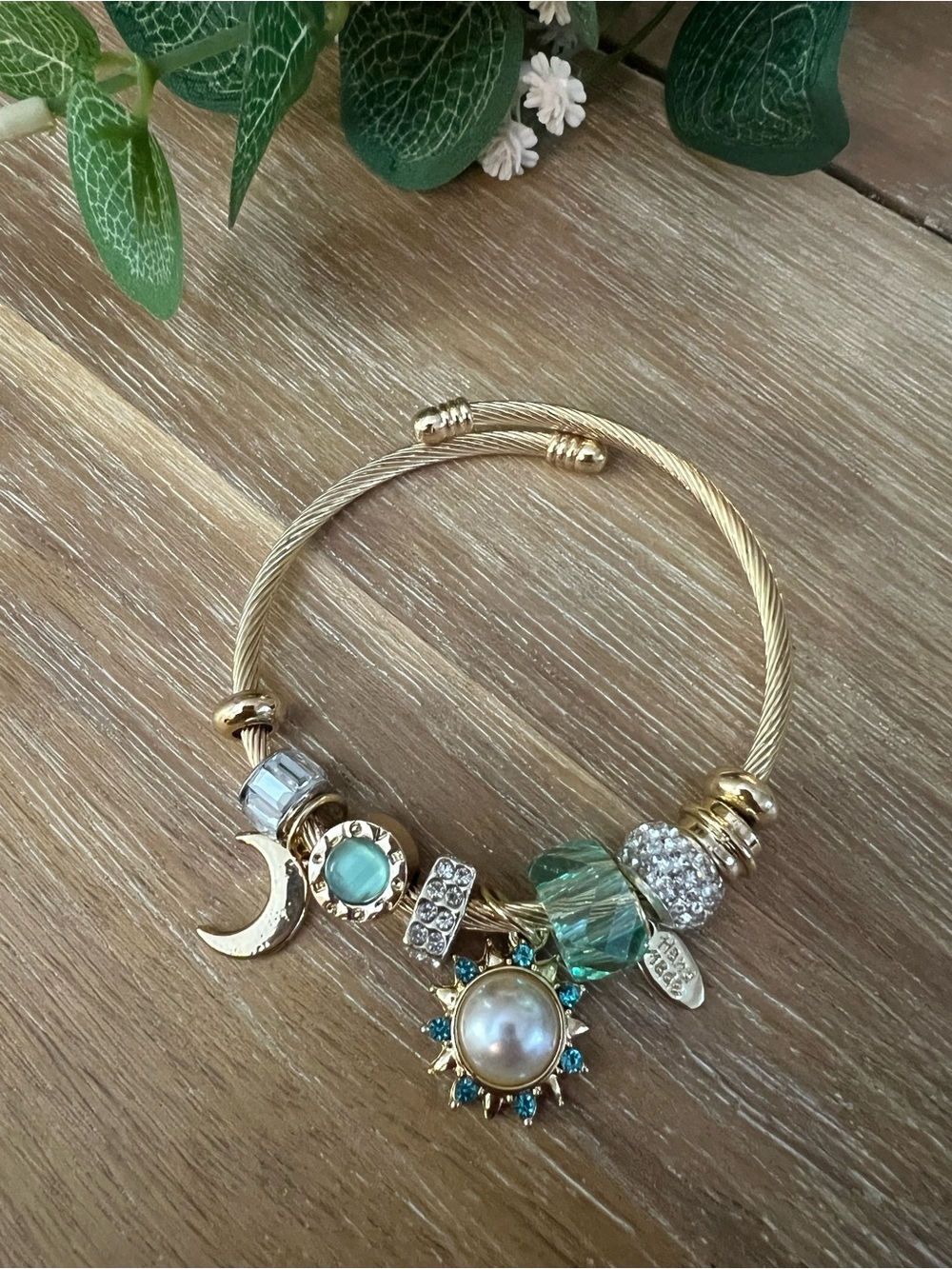 Gold-Tone Charm Bracelet with Pearl & Aqua Accents